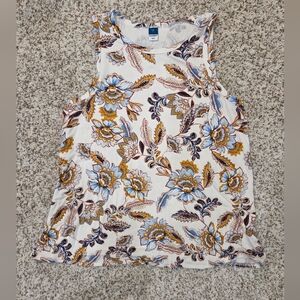 Old Navy White Flowy Floral Tank Top with Blue and Mustard Accents